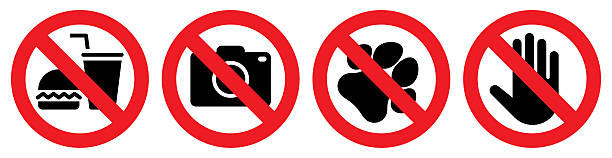 istock No eating and drinks allowed, No photography, No pets, Do not touch sign set, stop, ban or prohibited icon set for public safety notices. 2243537386