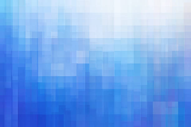 This abstract digital image is covered entirely by a dense, intricate grid of varying small squares and rectangles, creating a pixelated or mosaic pattern with an illusion of depth. The colors transition smoothly from deep blue at the bottom to a bright white and light blue at the top, suggesting light or a reflection. This image is suitable for backgrounds, overlays, or textures related to technology, internet, data, digital concepts, science, and abstract modern design.