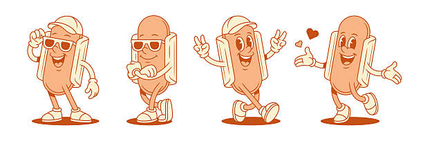 Cute cool hot dog cartoon character set contoured vector flat illustration. Cheerful funny fast food with sausage and bread mascot blowing heart love like peace gesture wearing sunglasses and cap