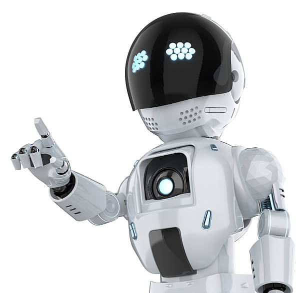 istock Cute and small artificial intelligence personal assistant robot finger point isolated 2243548790