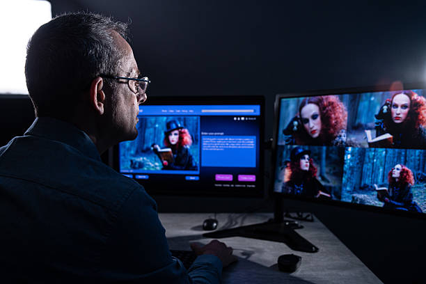 Male IT engineer doing maintenance on artificial intelligence systems. Senior male website designer, generates an image with artificial intelligence (AI) and creates a prompt