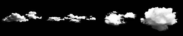 Fluffy white clouds float against stark black background, creating striking contrast and serene atmosphere