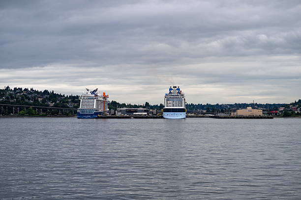 The Anthem of the Seas cruise ship and Celebrity Edge cruise ship is seen docked at the Seattle harbor, viewed head-on under a cloudy sky. The massive vessel dominates the frame, showcasing the scale and infrastructure of maritime tourism in the Pacific Northwest.