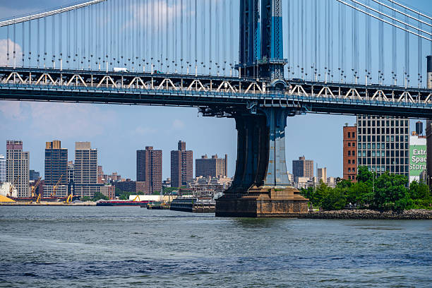 A close-up view of the Manhattan Bridge’s steel tower and foundation rising from the East River, with Brooklyn’s residential high-rises and waterfront visible in the distance. A classic urban scene from New York City’s iconic infrastructure.