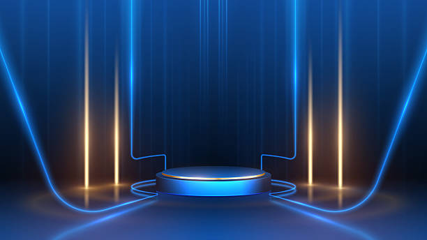 istock Empty podium golden on blue background with neon effect decoration. Luxury scene design concept for product display. 2243565722