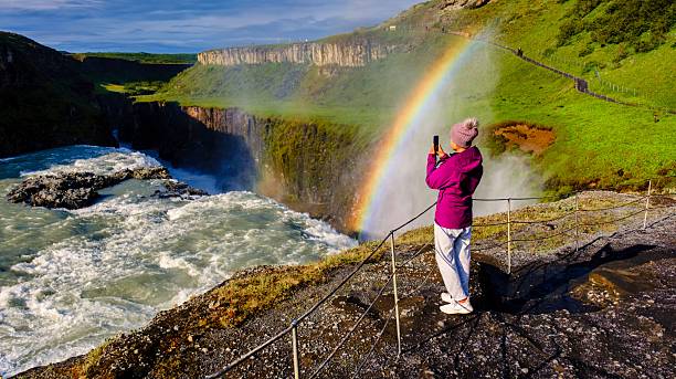 istock Breathtaking waterfall and rainbow display near Gullfoss in Iceland 2243565868