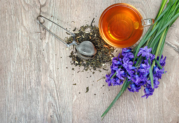 istock cup of tea and spring flowers on a wooden table. copy space. top view 2243579752