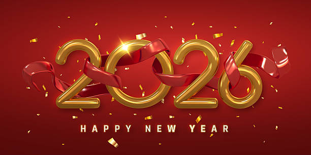 istock Golden 2026 Numbers With Red Ribbon And Confetti On Red Background. Festive Holiday Celebration And Happy New Year Greeting. Luxury Party Design. Vector Illustration 2243583773