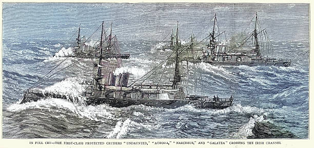 istock Victorian British Royal Navy ship, Naval maneuvers, Fleet of Warships, Cruisers, HMS Undaunted, Aurora, Narcissus and Galatea crossing the Irish chanell, 1889, 19th Century 2243586566