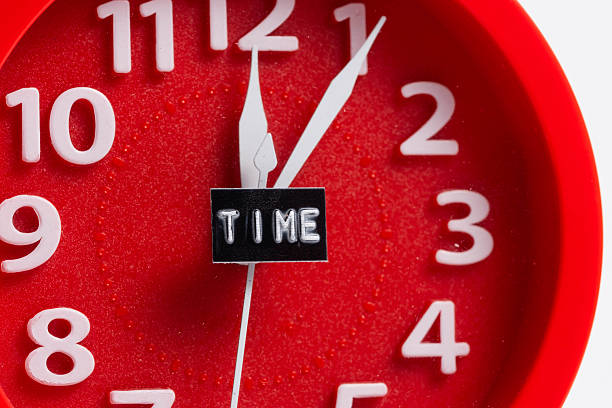 Time concept with red clock and black text time on white background