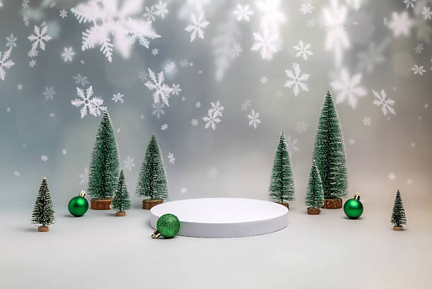 istock minimalistic Christmas background for runway display for branding and product presentation, snowflakes, Christmas trees and green Christmas balls 2243589643