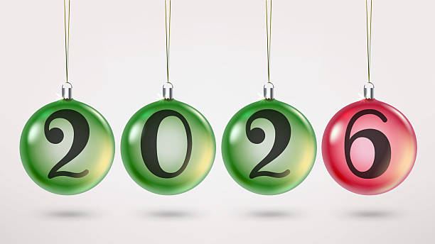 istock Happy new 2026 year greeting card with baubles on rope. 3d vector illustration 2243592229