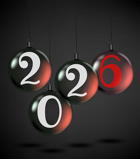 istock Happy new 2026 year greeting card with baubles. 3d vector illustration 2243592642