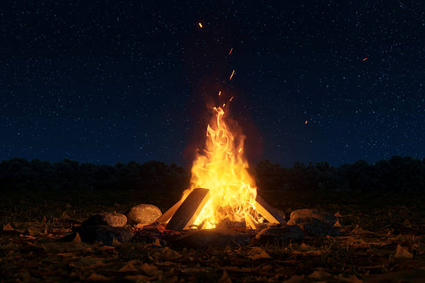 istock 3D Rendering of large campfire surrounded by colorful autumn lea 2243593801