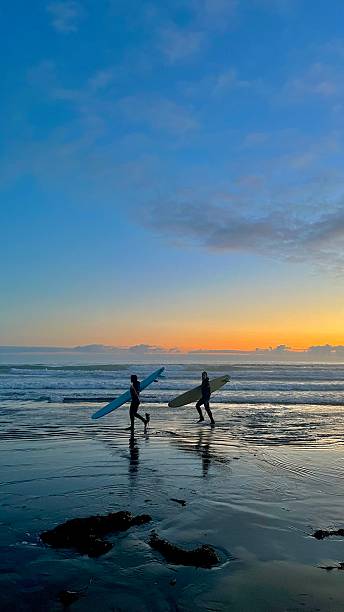 istock Surfers walking along beach at sunset 2243595050