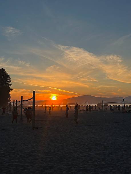 istock Beach volleyball players at sunset 2243595057