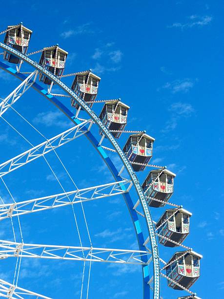 Close-up of Ferris wheel gondolas at Beer Fest in Munich with traditional painted cabins and clear blue sky background
