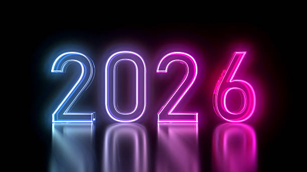 istock 2026 - new year concept.  transparent text. glass material glow effect 2243597398