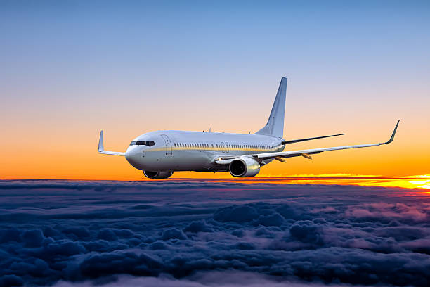 White passenger aircraft fly in the sunrise sky