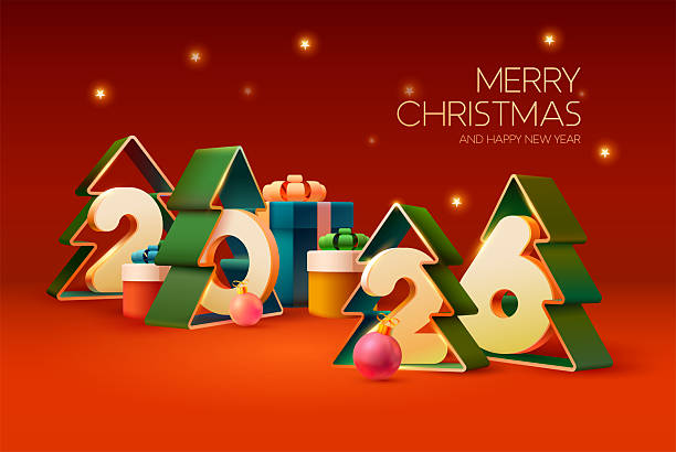istock Happy New year poster 2026. White numbers with Christmas trees and gift boxes. decoration 2243607122