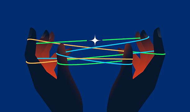 Human hands holding cat's cradle made of light lines. Connection, contact, hope concept. Vector illustration.