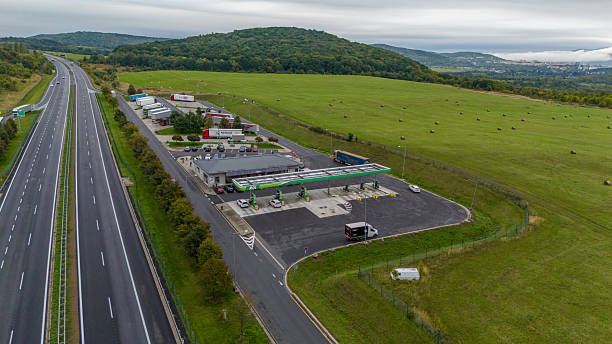 Telnice, Czech Republic - September 26, 2025: Aerial view on MOL gas station.