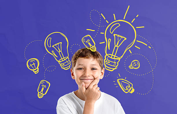 istock Thoughtful boy smiling with hand on chin surrounded by yellow li 2243610859