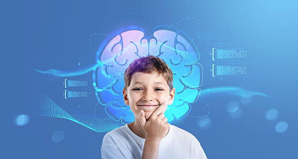 istock Smiling boy in white shirt with glowing digital brain illustrati 2243612087