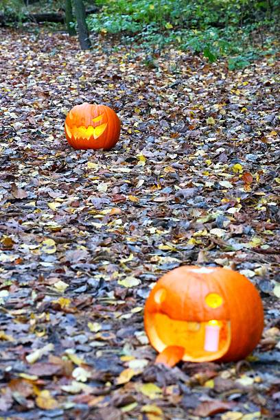 istock Glowing Jack-o'-Lanterns on a Forest Floor with autumn leaves 2243612616