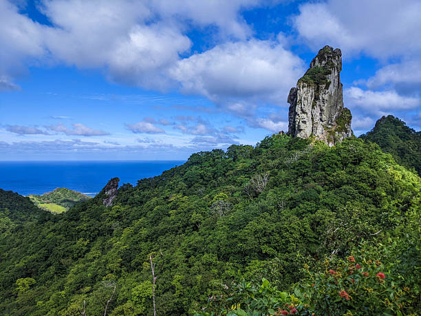 The rock formation known as The Needle, or Te Rua Manga, on the island of Rarotonga, Cook Islands