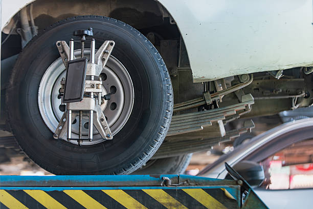 istock Wheel alignment calibration on lifted vehicle 2243613789
