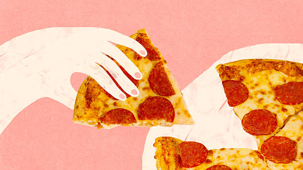 istock Minimal composition of drawn white hand holding pepperoni pizza slice on pink background 2243615373
