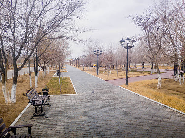Quiet street with Soviet-era apartment buildings in Baykonur, Kazakhstan, former USSR space city, leased by Russia.