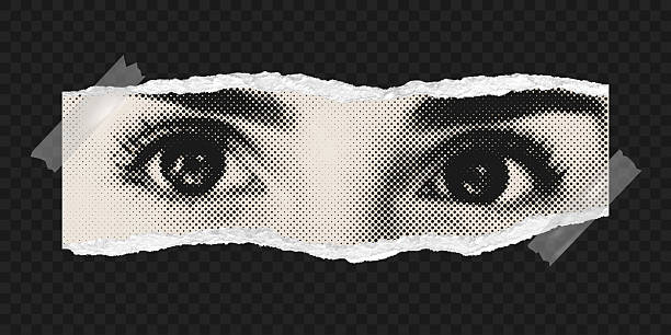 istock Halftone female eyes on torn scrap paper piece with realistic ripped edges. Collage eyes torn out of magazine and glued duct tape at transparent background. Vector. 2243617874
