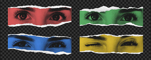 Color halftone female eyes on torn scrap paper piece. Set of collage eye  torn out of magazine with realistic ripped edges at transparent background. Vector illustration.