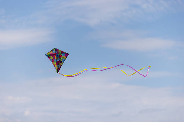 istock Low angle view of colorful Kite flying in blue sky 2243624659
