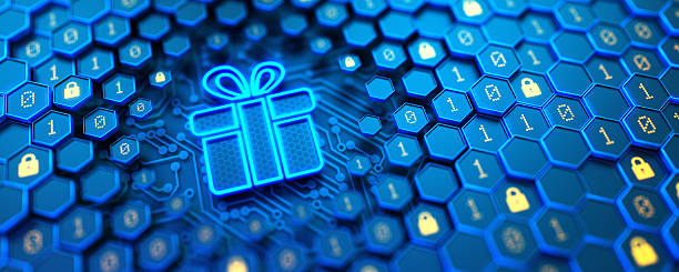 Digital Gift box symbol on futuristic blue hexagon shell background