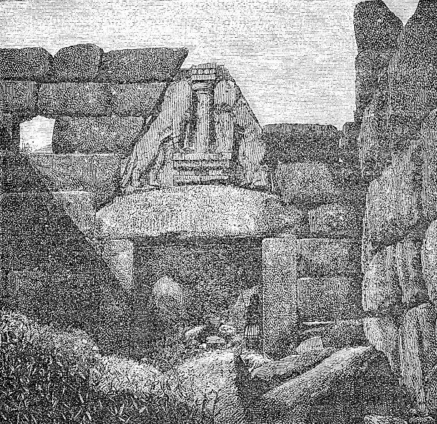 Greek Mycenae citadel main entrance known as Lion Gate built in 13th century BC ( Bronze Age), vintage engraving