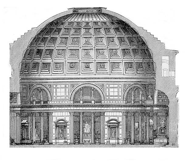 The interior of the Pantheon in Rome -  former Roman temple -  now a church; detail of the rotunda under a coffered concrete dome with a central opening to the sky