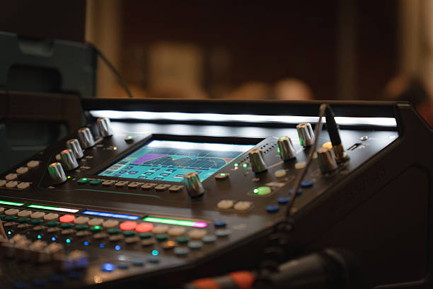 istock Professional audio mixing console with LED lights and touchscreen equalizer  modern sound engineering equipment for concert or studio use 2243633084