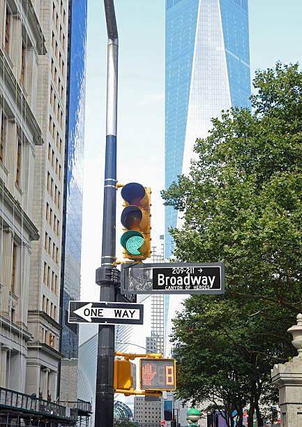 istock green traffic light in Manhattan at Broadway intersection with Freedom Tower in NYC 2243635143