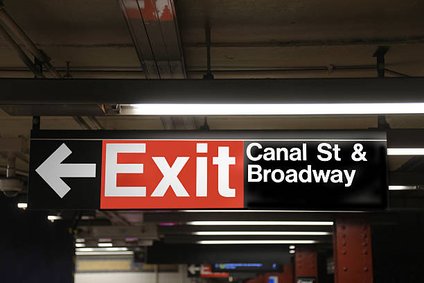 istock sign reading EXIT at the Canal Street and Broadway subway station platform beneath New York City 2243635169