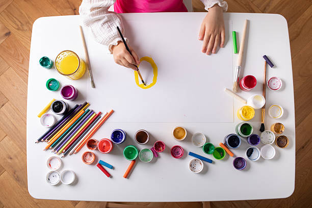 istock Toddler activity with colorful gouache. Child drawing with various art materials for creative and sensory development. 2243642772