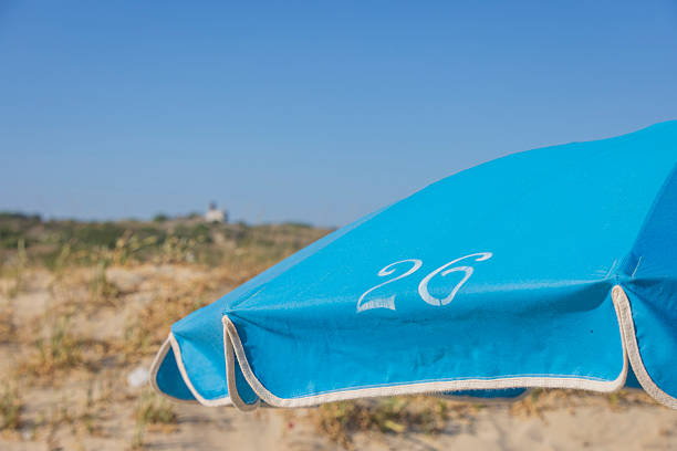 blue parasols on a public beach on the Italian coast
