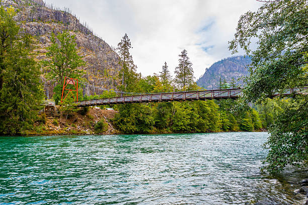 istock Panoramic View of Swinging Bridge Over Skagit River 2243654486