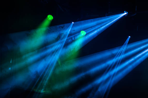 istock Green and blue light beams on dark background 2243655196
