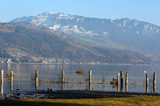 Peaceful Lake Thun with snow-capped Swiss Alps and rustic fence, a perfect Swiss winter landscape scene.