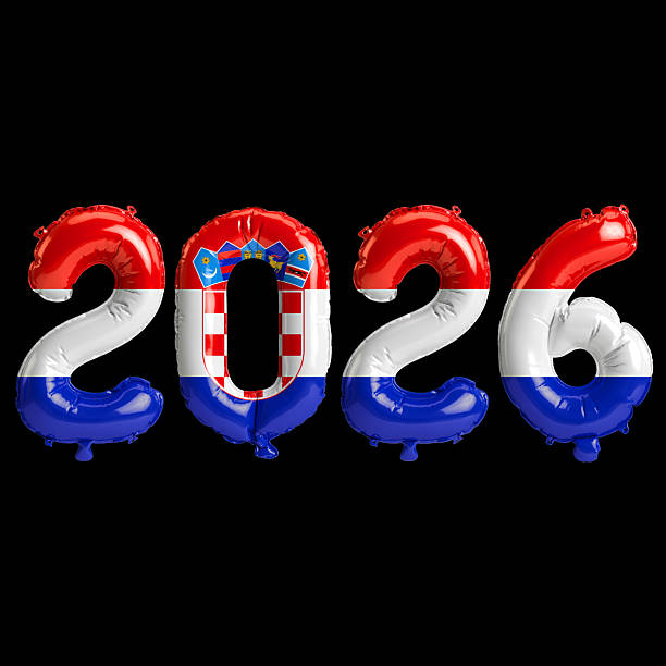 istock Croatia flag colors 2026 3d illustration, balloon numbers 3d rendering on black background 2243670164