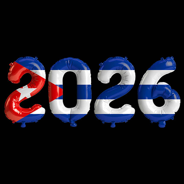 istock Cuba flag colors 2026 3d illustration, balloon numbers 3d rendering on black background 2243670171