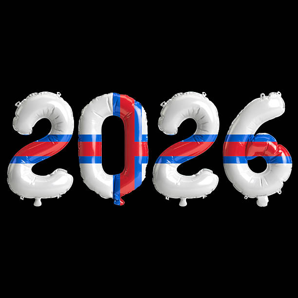 istock Faroe Islands flag colors 2026 3d illustration, balloon numbers 3d rendering on black background 2243670629